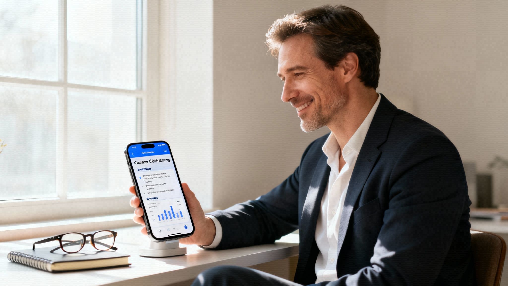 A professional works at their desk, looking focused and in control.