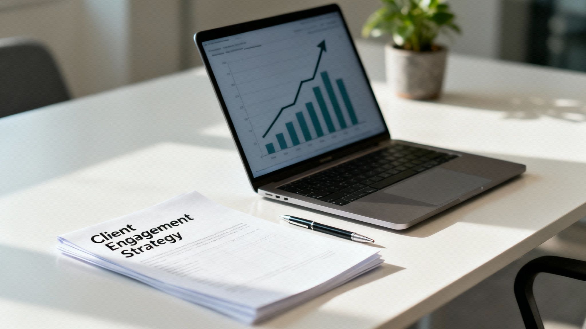 A team collaborating around a table, planning a client engagement strategy