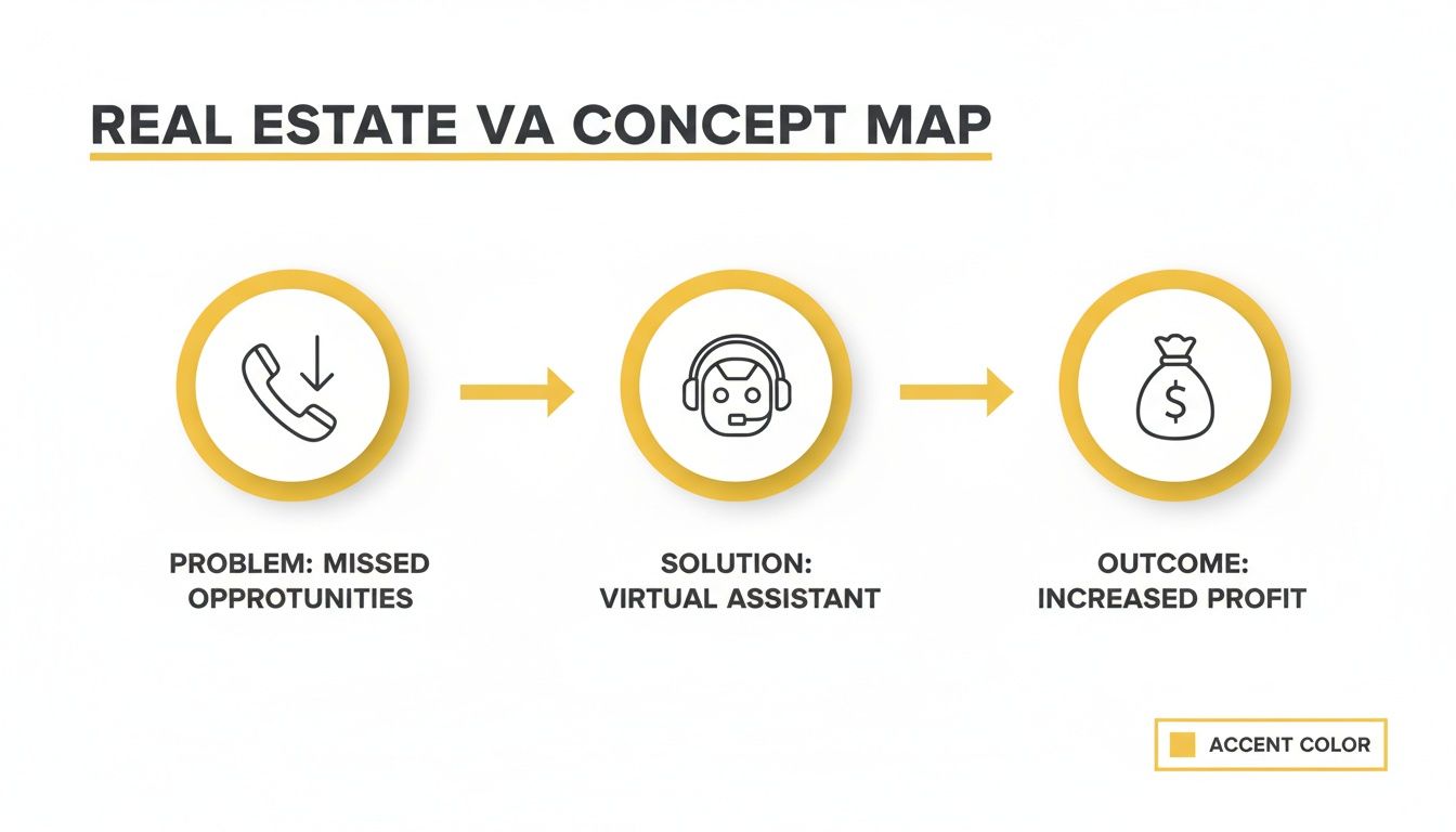 Concept map illustrating how a real estate virtual assistant solves missed opportunities, leading to increased profit.