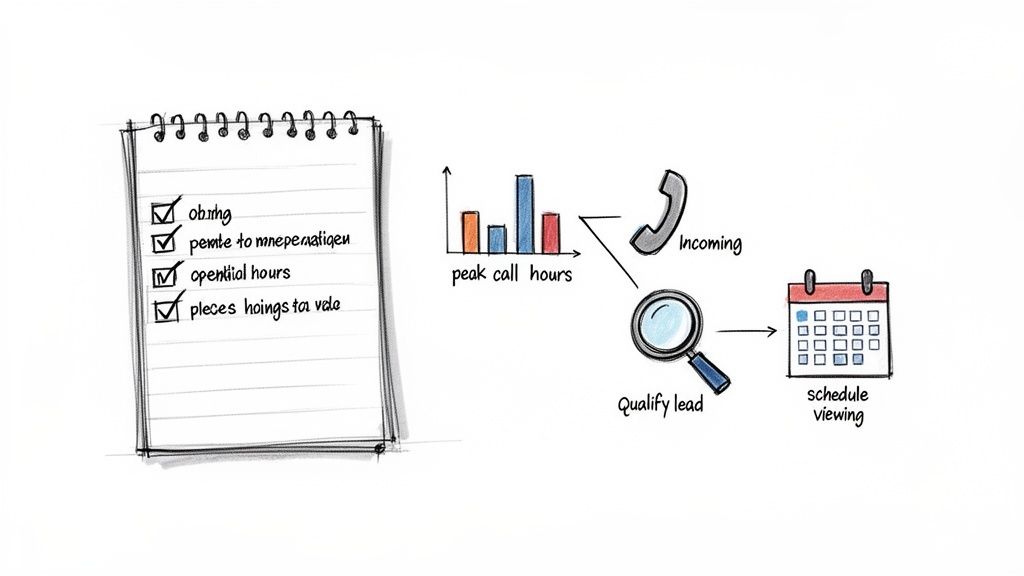 Diagram illustrating a lead qualification process: checklist, peak call hours, incoming calls, then qualify and schedule viewing.