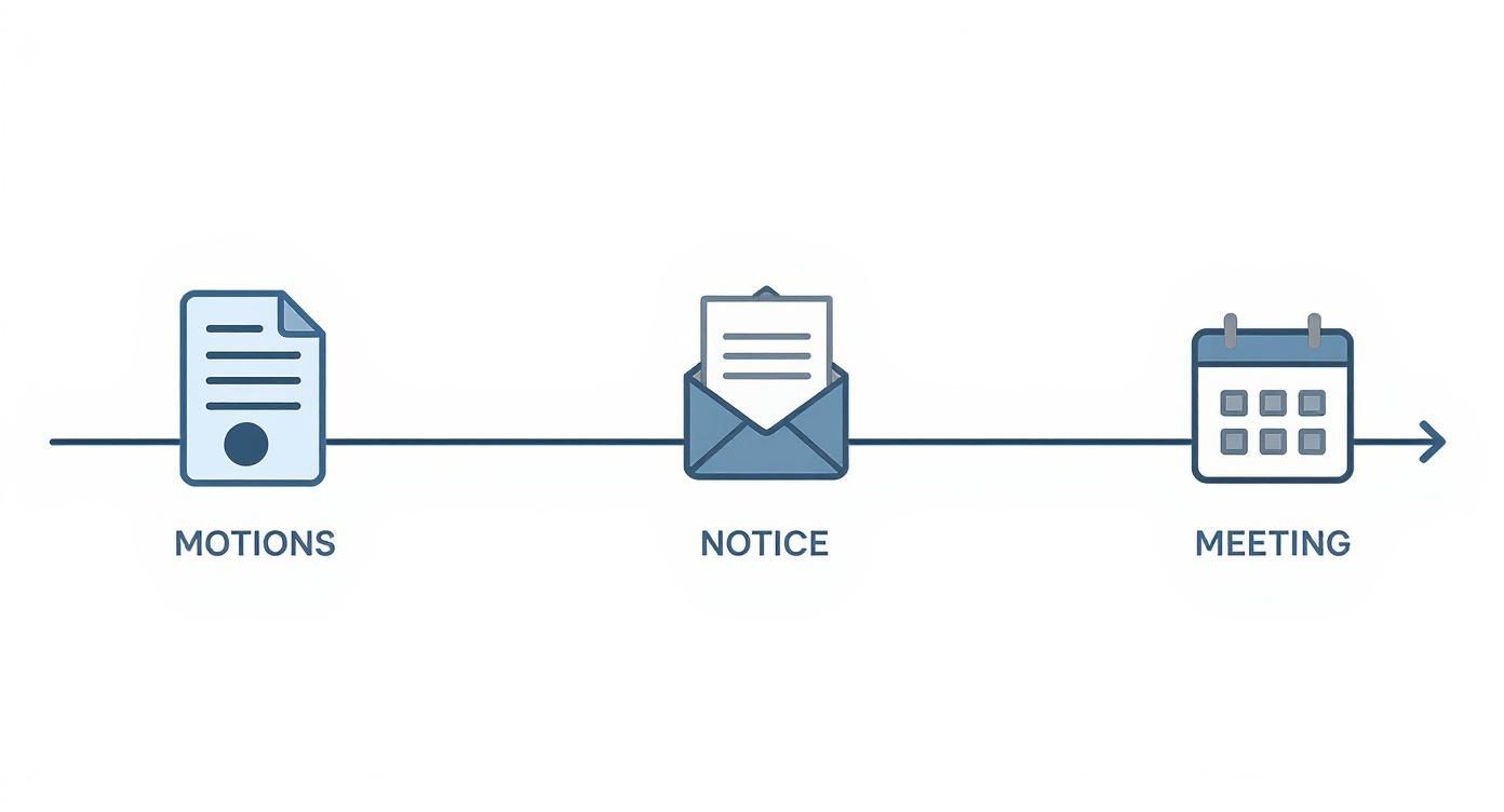 A process diagram illustrating the steps for a meeting: Motions, Notice, and Meeting in sequence.