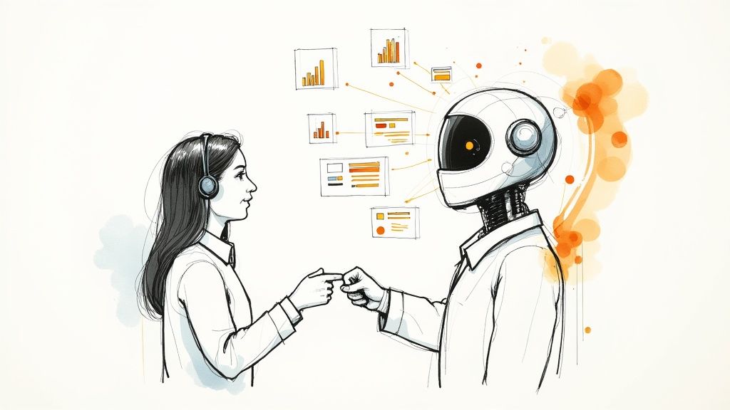 A person in headphones and a robot exchange information, surrounded by data visualizations.