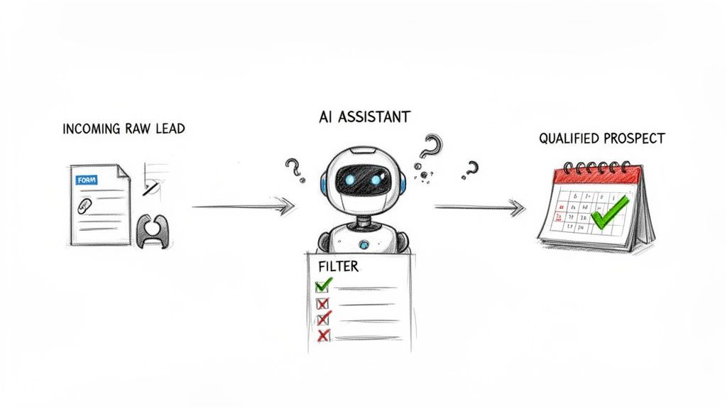 Diagram showing an AI assistant filtering incoming raw leads into qualified prospects.