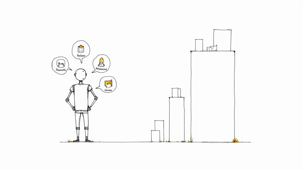 A simple sketch of a robot contemplating various business and financial concepts next to rising bar charts.