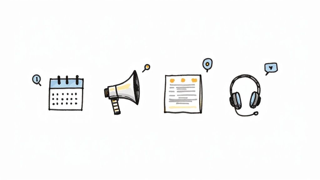Four hand-drawn icons: a calendar, megaphone, document, and headphones with a microphone.