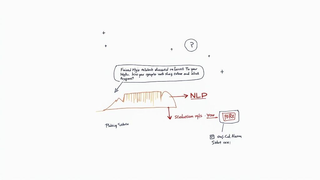 Hand-drawn diagram illustrating a conceptual workflow with text input, Natural Language Processing, and a decision point.