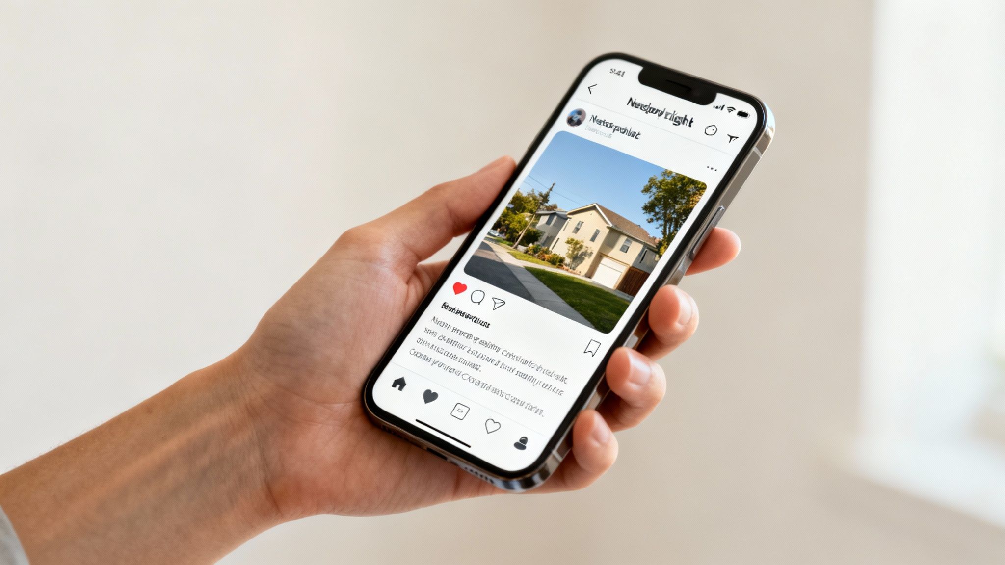 A person using a smartphone to scroll through social media, with real estate listings visible on the screen