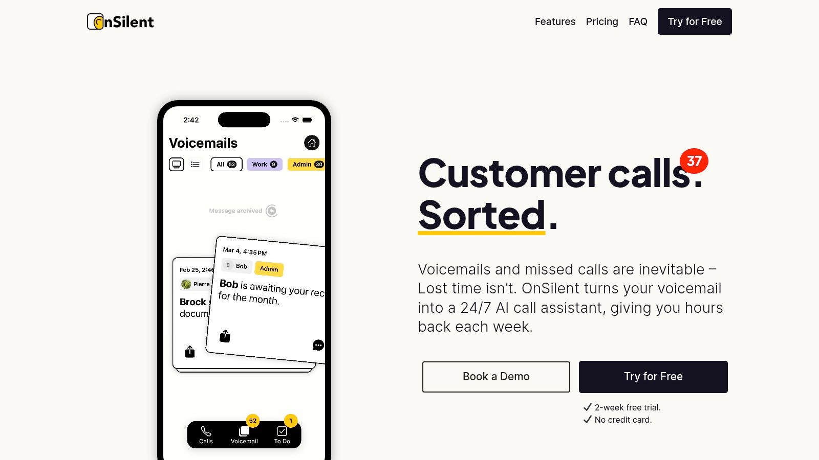 OnSilent smart voicemail and call management app interface