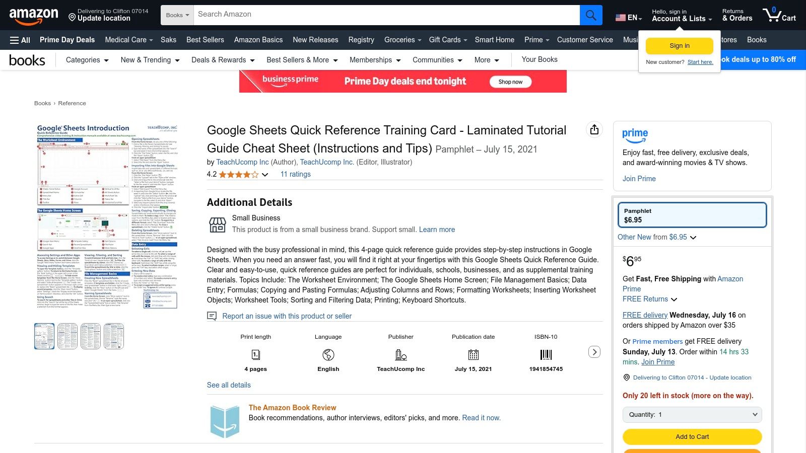 Amazon - Google Sheets Quick Reference Training Card