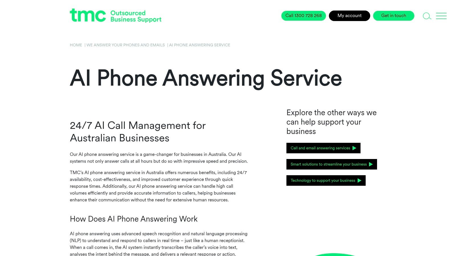 TMC AI phone answering service dashboard