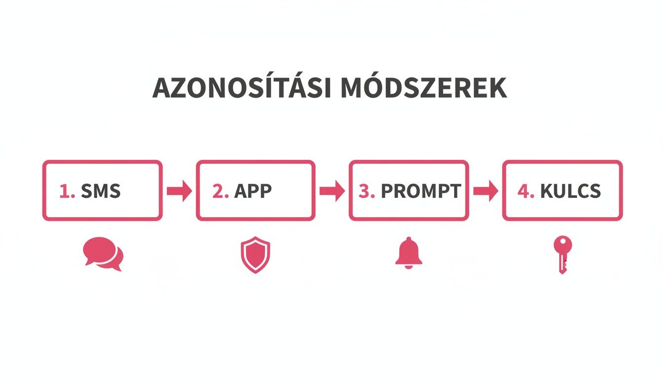 Ábra az azonosítási módszerekről: SMS, mobil alkalmazás, azonnali értesítés és fizikai kulcs ikonokkal.