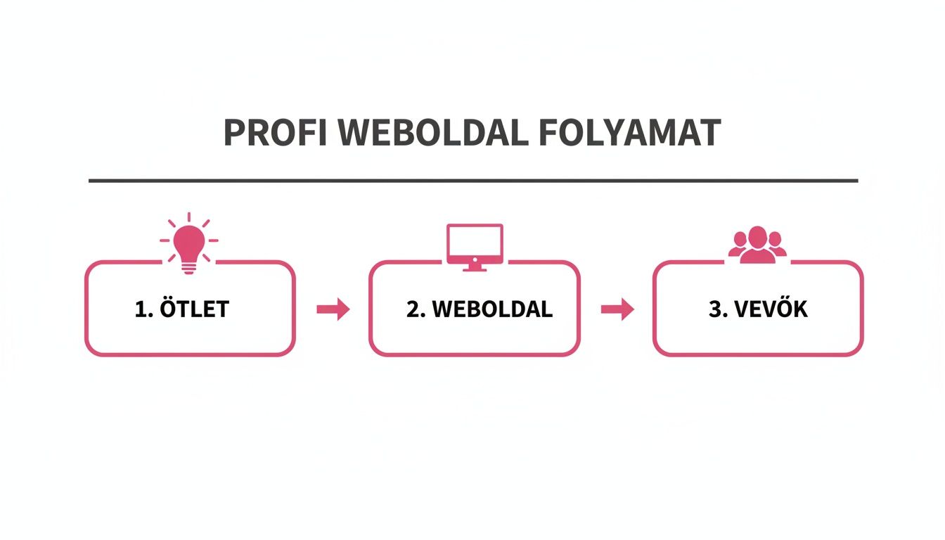 Egy professzionális weboldal készítési folyamat ábrája, amely három lépést mutat be: ötlet, weboldal fejlesztés és vevőszerzés.