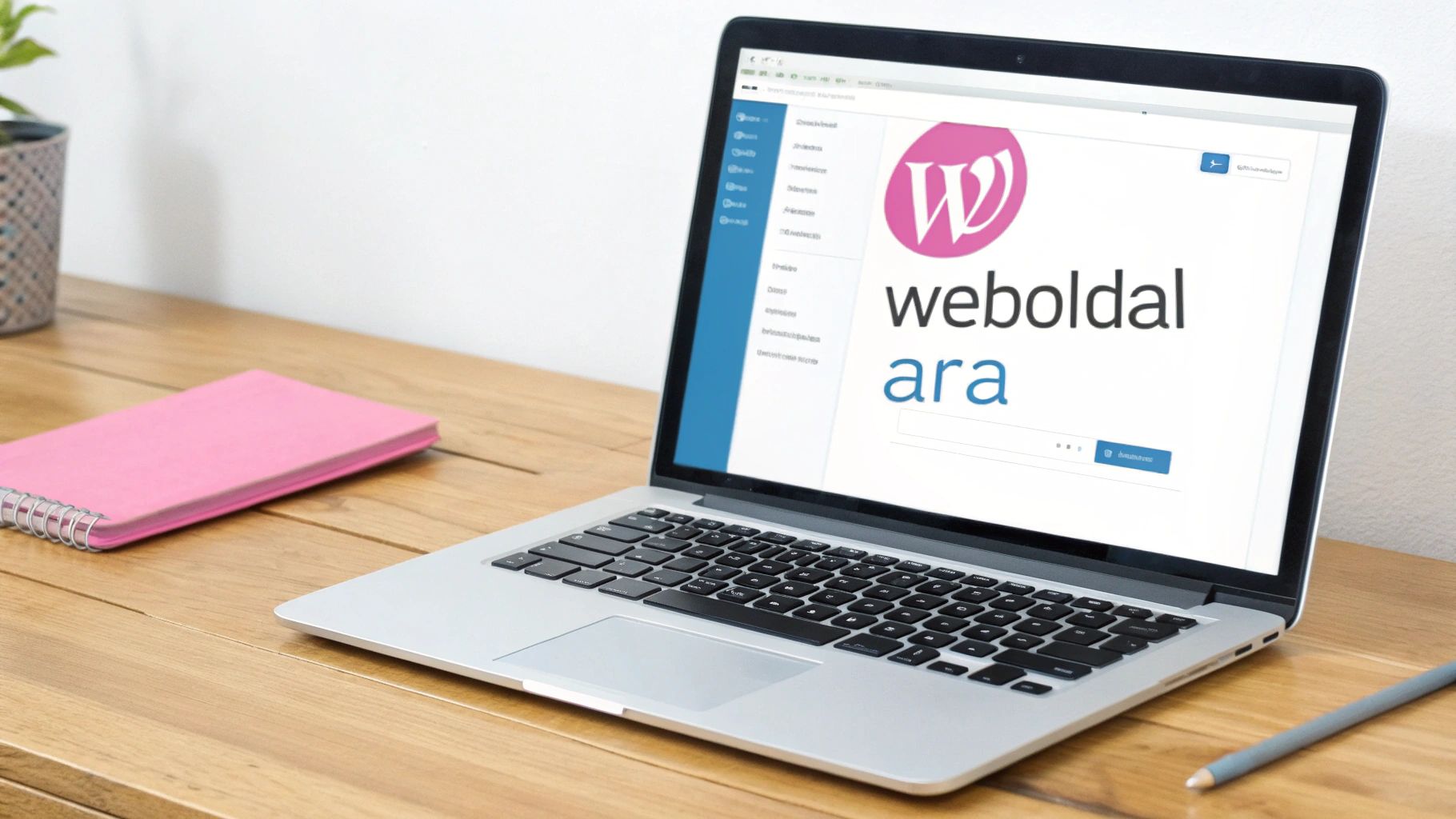 Laptop fa asztalon, rózsaszín füzettel és ceruzával, a képernyőn WordPress weboldal árak láthatók.