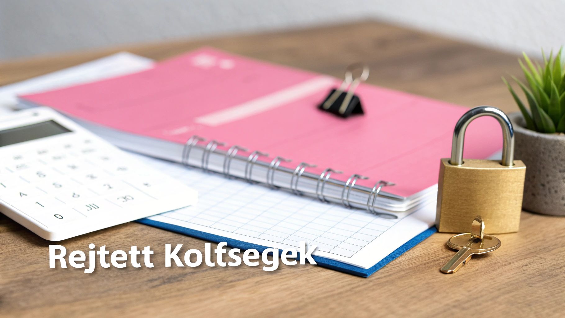 Fehér számológép, rózsaszín füzet, lakat és kulcs látható egy fa asztalon, „Rejtett Költségek” felirattal.