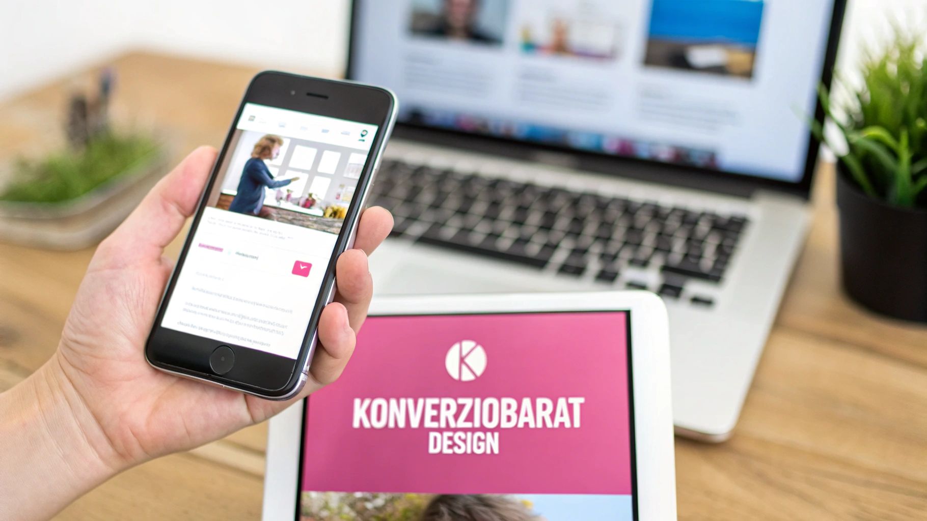 Egy kéz okostelefont tart, melyen egy weboldal látható, háttérben egy laptop és egy táblagép logóval.