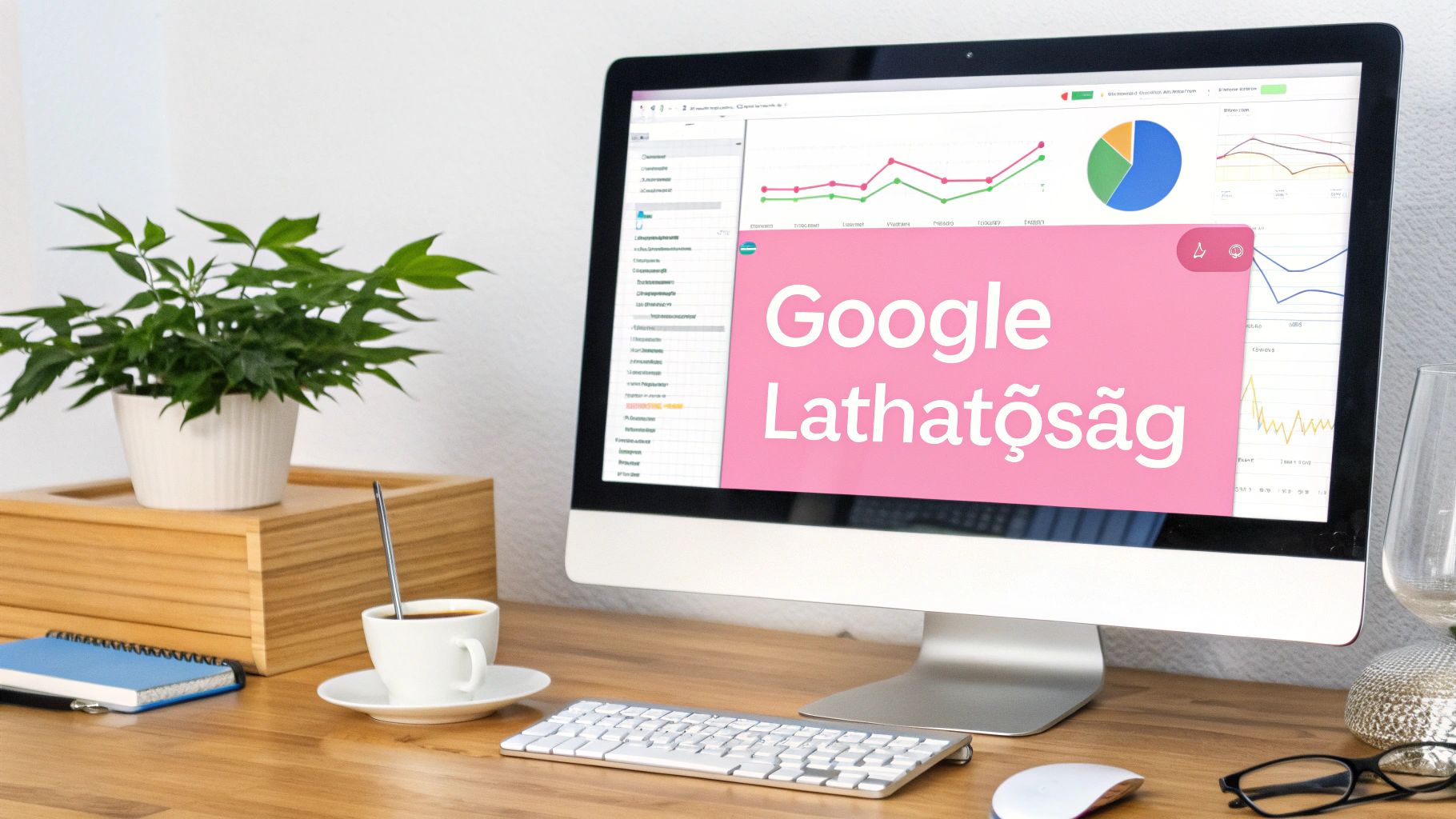 Asztali számítógép Google Lathatóság elemzéssel, növény, kávé és irodai eszközök egy fa asztalon.