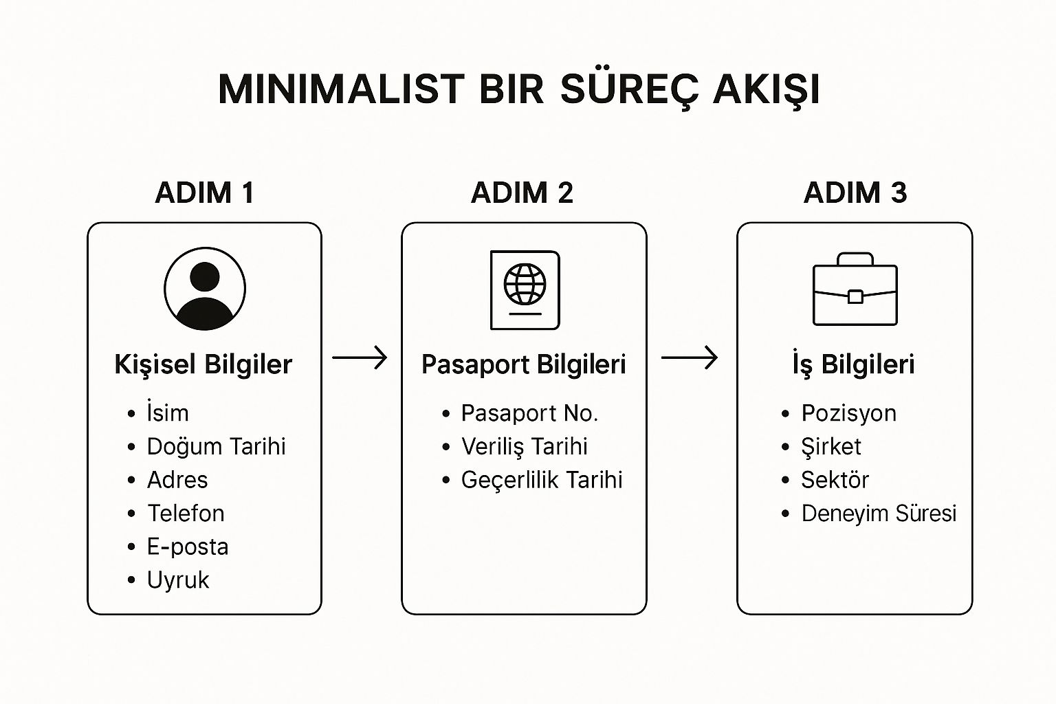 DS-160 formunu doldurma sürecinin adımlarını gösteren minimalist bir akış şeması.