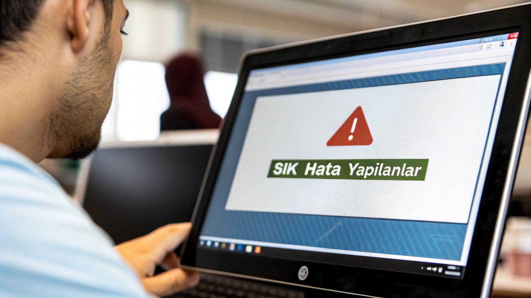 DS-160 formunda hata yapmamak için dikkatle bilgisayara bakan bir kişi.