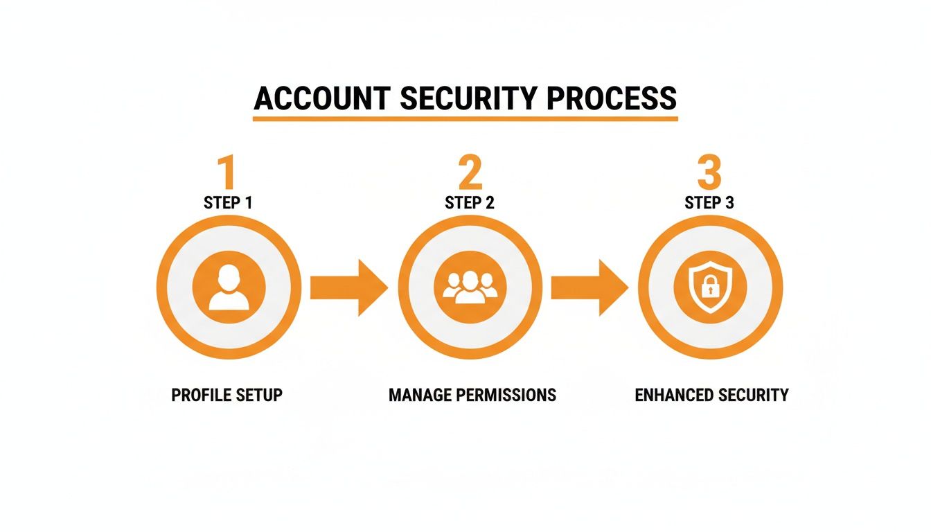 A diagram illustrating a 3-step account security process: Profile Setup, Manage Permissions, and Enhanced Security.