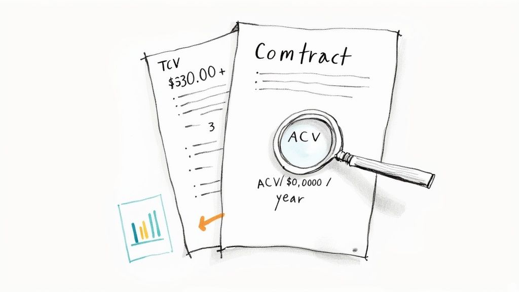 An illustration showing two contracts with 'TCV' and 'ACV' values, a magnifying glass, and a bar chart icon.