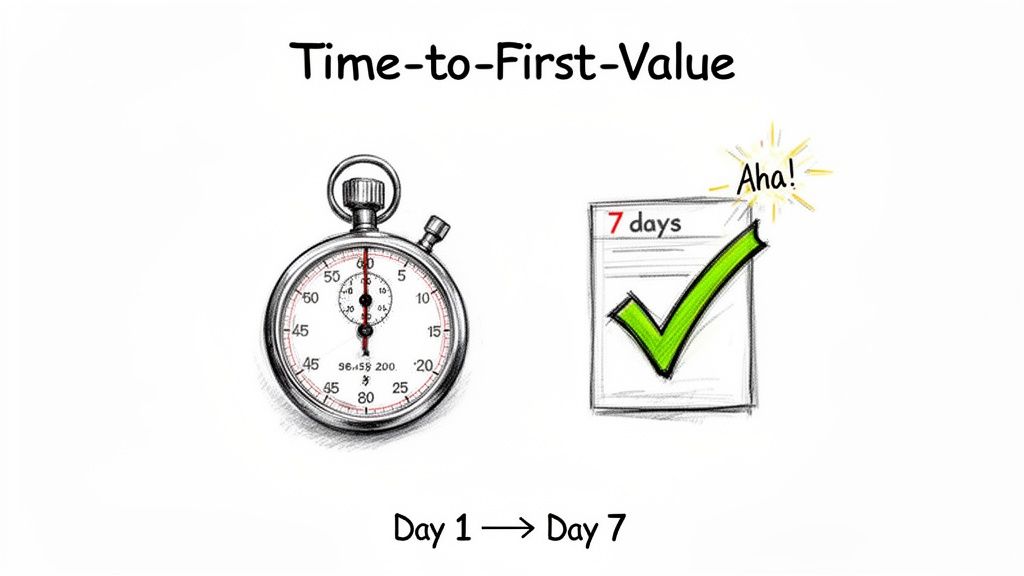A stopwatch measures the 'Time-to-First-Value,' showing a seven-day journey to achieving an initial success with a checkmark.