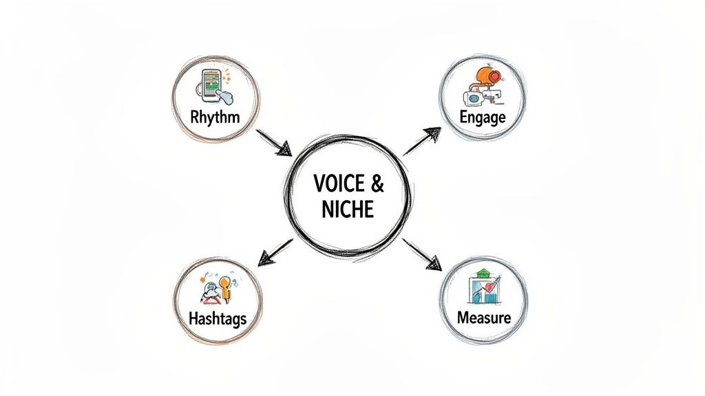 A concept map showing 'Voice & Niche' at the center, connected to 'Rhythm', 'Engage', 'Hashtags', and 'Measure'.