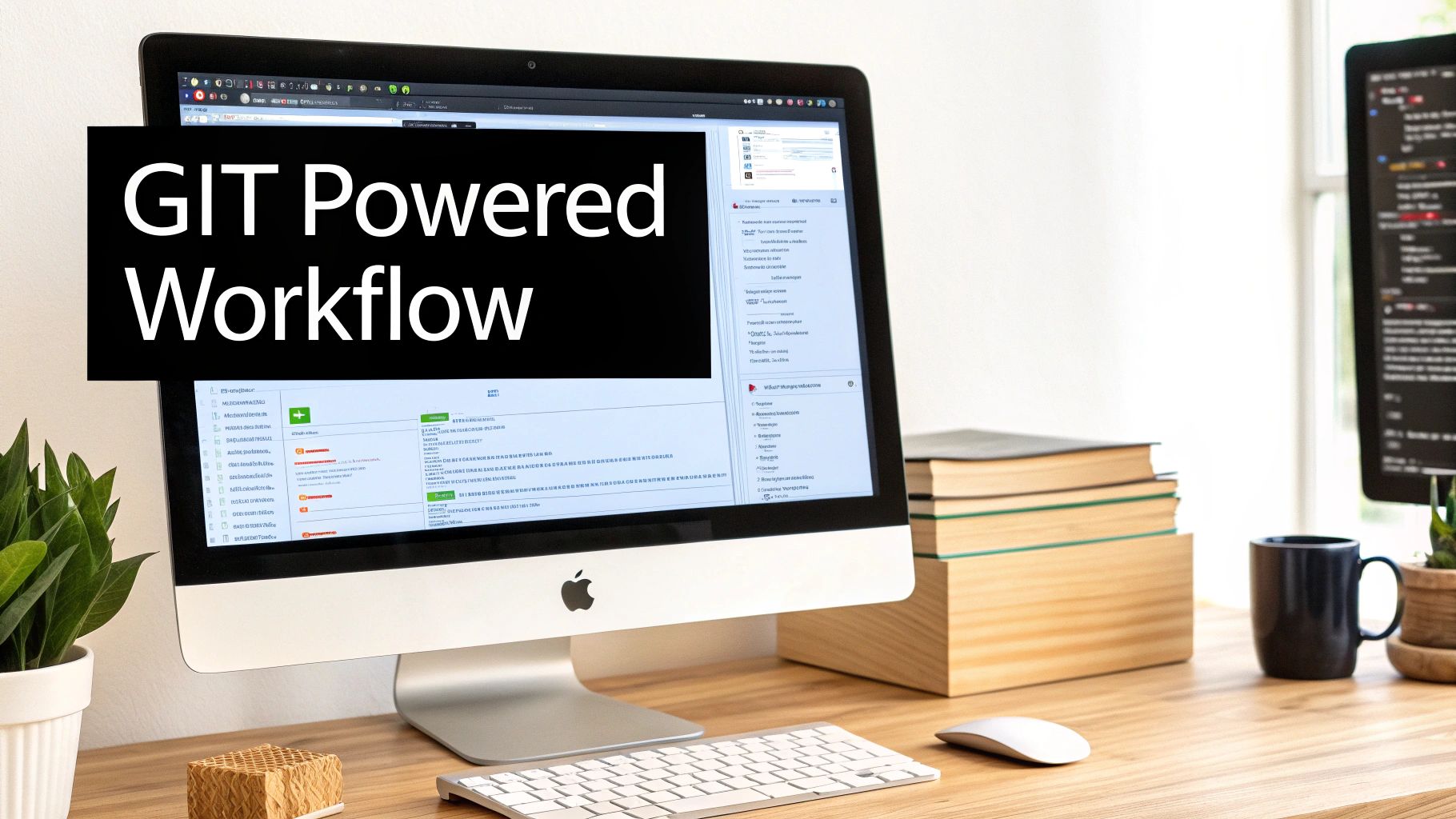 An Apple iMac computer on a wooden desk displaying 'GIT Powered Workflow' on its screen.