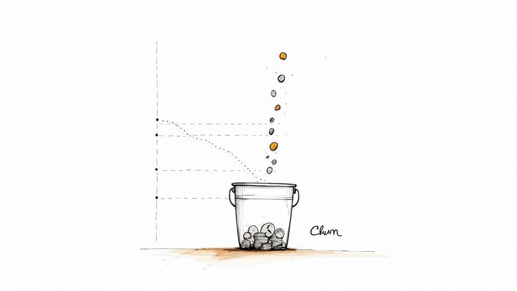 Hand-drawn illustration visualizing customer churn with coins entering and leaving a bucket against a graph.