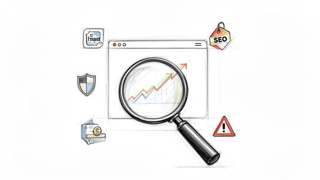 Sketch illustration of a browser window, magnifying glass on a growth chart, surrounded by SEO, security, and warning icons.