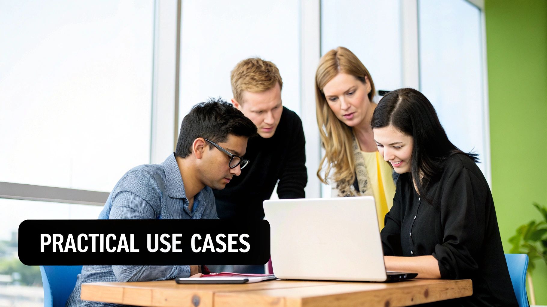 Four diverse professionals collaborate around a laptop in a modern office, discussing practical use cases.