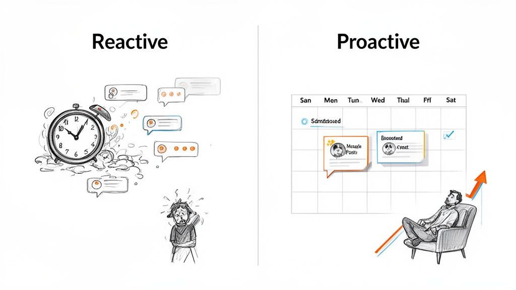 Illustration contrasting reactive and proactive approaches. Reactive shows a stressed person with an alarm clock and many messages. Proactive shows a relaxed person viewing a calendar with scheduled posts and an upward trend.