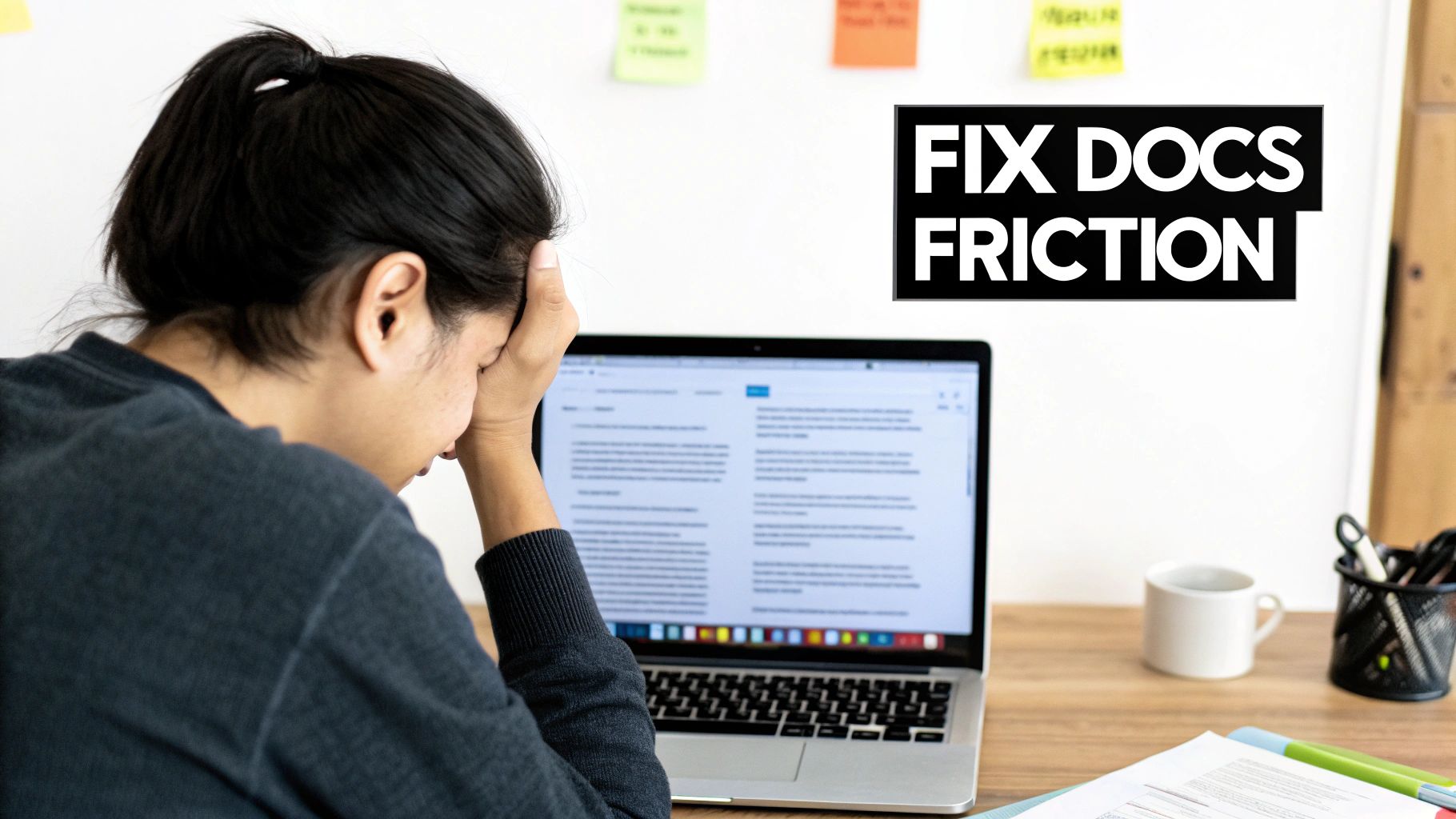 A frustrated person with their hand on their head, looking at a laptop screen with 'FIX DOCS FRICTION' text.