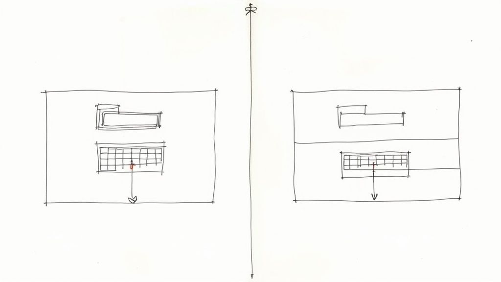 Two architectural sketches side-by-side, showing building plans with a grid facade and arrows.