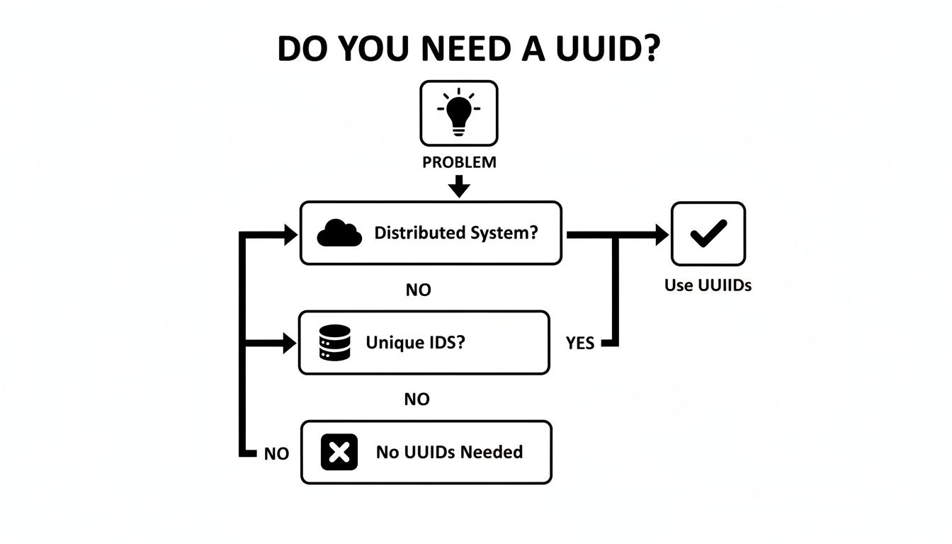 A flowchart explaining when to use UUIDs, based on whether it's a distributed system or requires unique IDs.