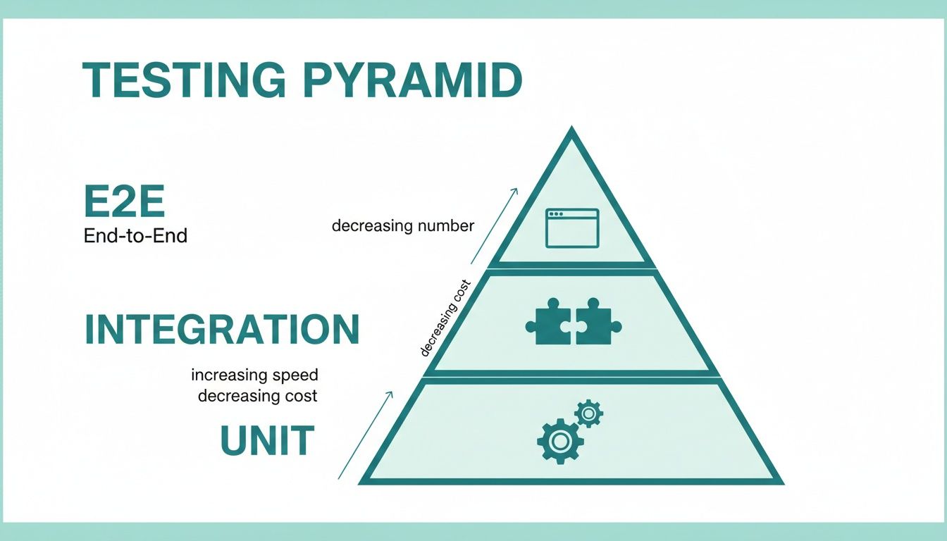 An infographic illustrating the Testing Pyramid, detailing Unit, Integration, and E2E test layers, including notes on speed, cost, and number of tests.