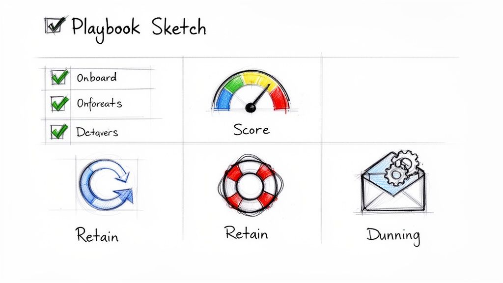 A hand-drawn playbook sketch illustrating business processes like onboarding, scoring, retention, and dunning.