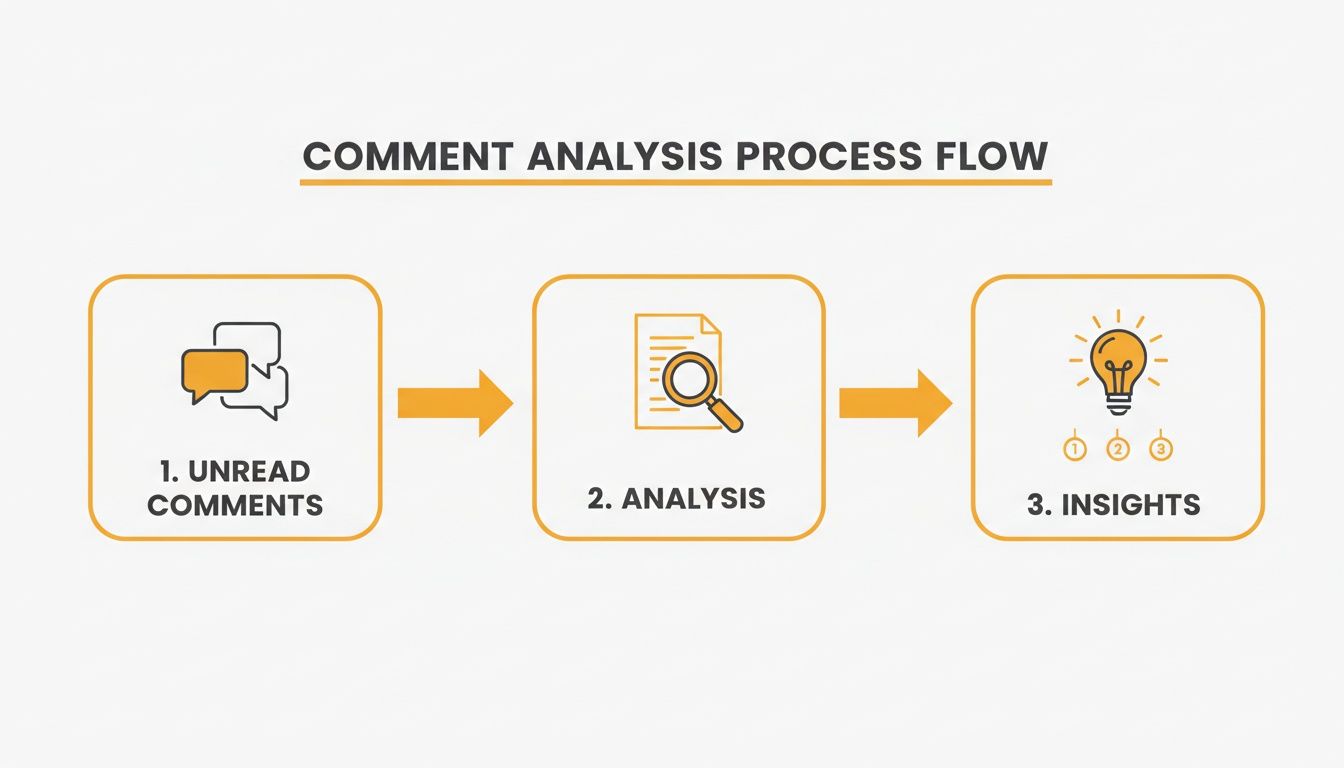 Flowchart illustrating the three-step comment analysis process: unread comments, analysis, and insights.
