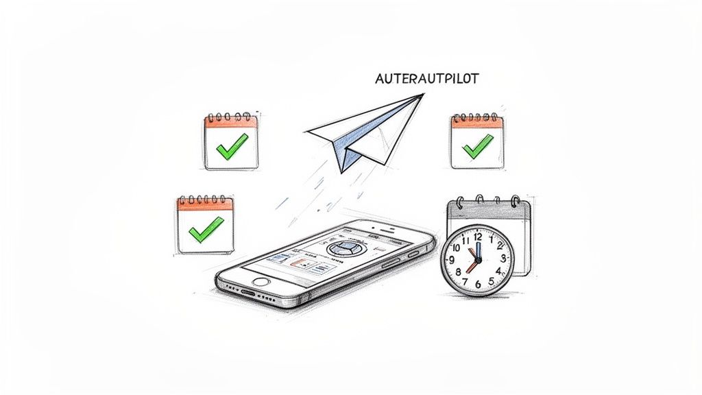 A paper airplane flies over a smartphone, surrounded by calendars with checkmarks and a clock, symbolizing automated scheduling.