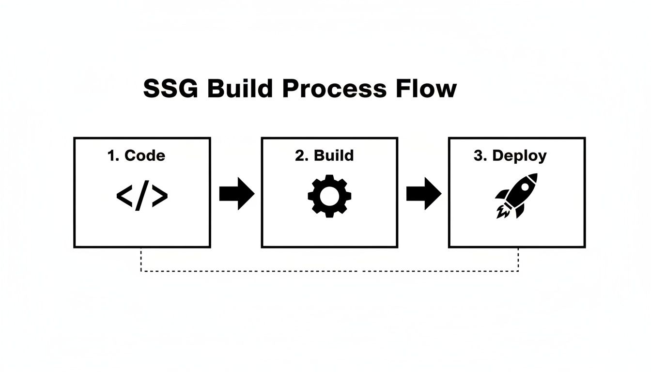 A flowchart illustrating the Static Site Generation (SSG) build process with steps: Code, Build, Deploy.