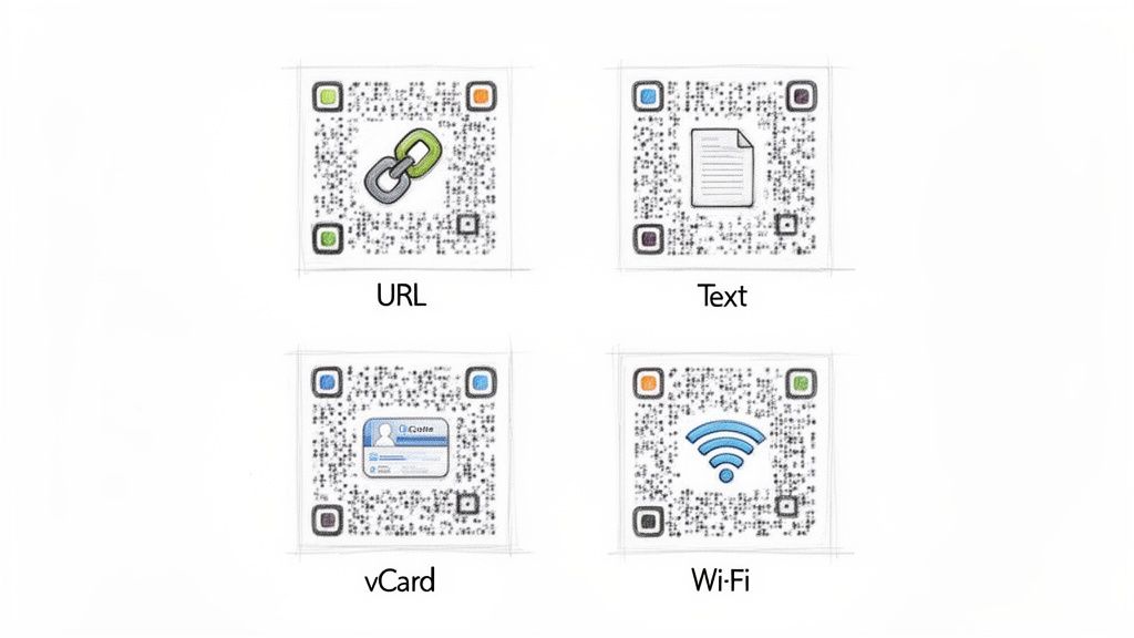Four QR codes with icons and labels illustrating different types: URL, Text, vCard, and Wi-Fi.
