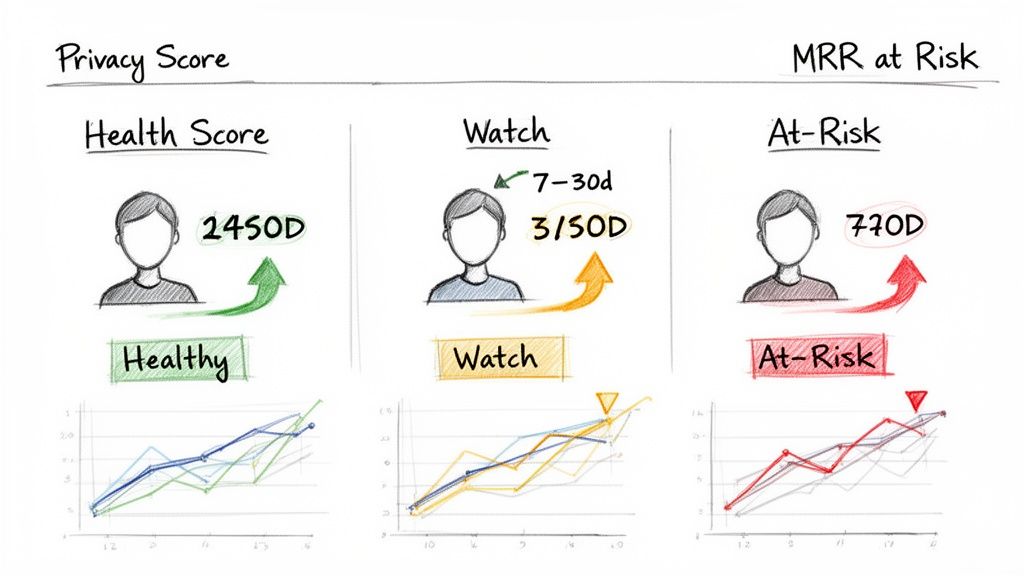 Customer health dashboard showing healthy, watch, and at-risk segments with scores and trend graphs.