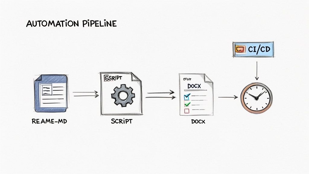 Diagram showing an automation pipeline converting a README-MD file to DOCX using a script, integrated with CI/CD.