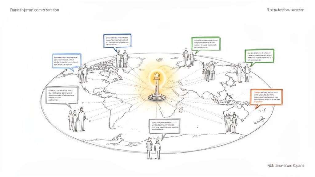 A global map illustration with a glowing central pillar connecting various groups of people and speech bubbles worldwide.