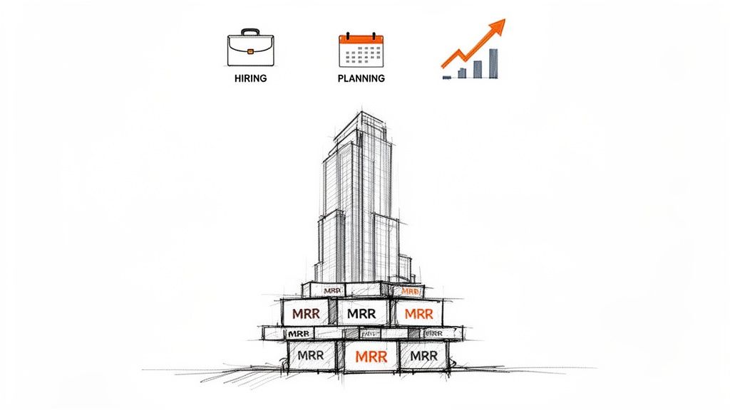 A skyscraper built on a foundation of MRR blocks, with icons for hiring, planning, and growth.