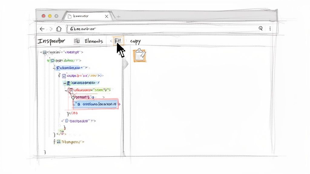 A sketch of a web browser's developer tools showing HTML elements, with an 'Edit' button clicked.