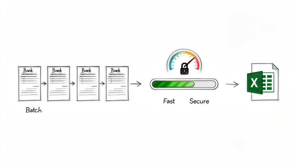 Visualizing the fast and secure batch conversion of bank statements into Excel files.