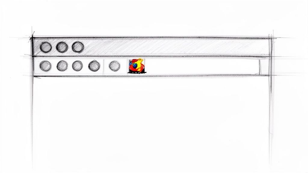 A hand-drawn sketch of a browser window header with circular buttons and a colorful favicon icon.
