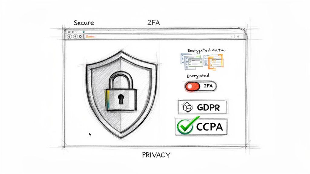 A sketch illustrating digital security features like a padlock shield, 2FA, encrypted data, GDPR, and CCPA.