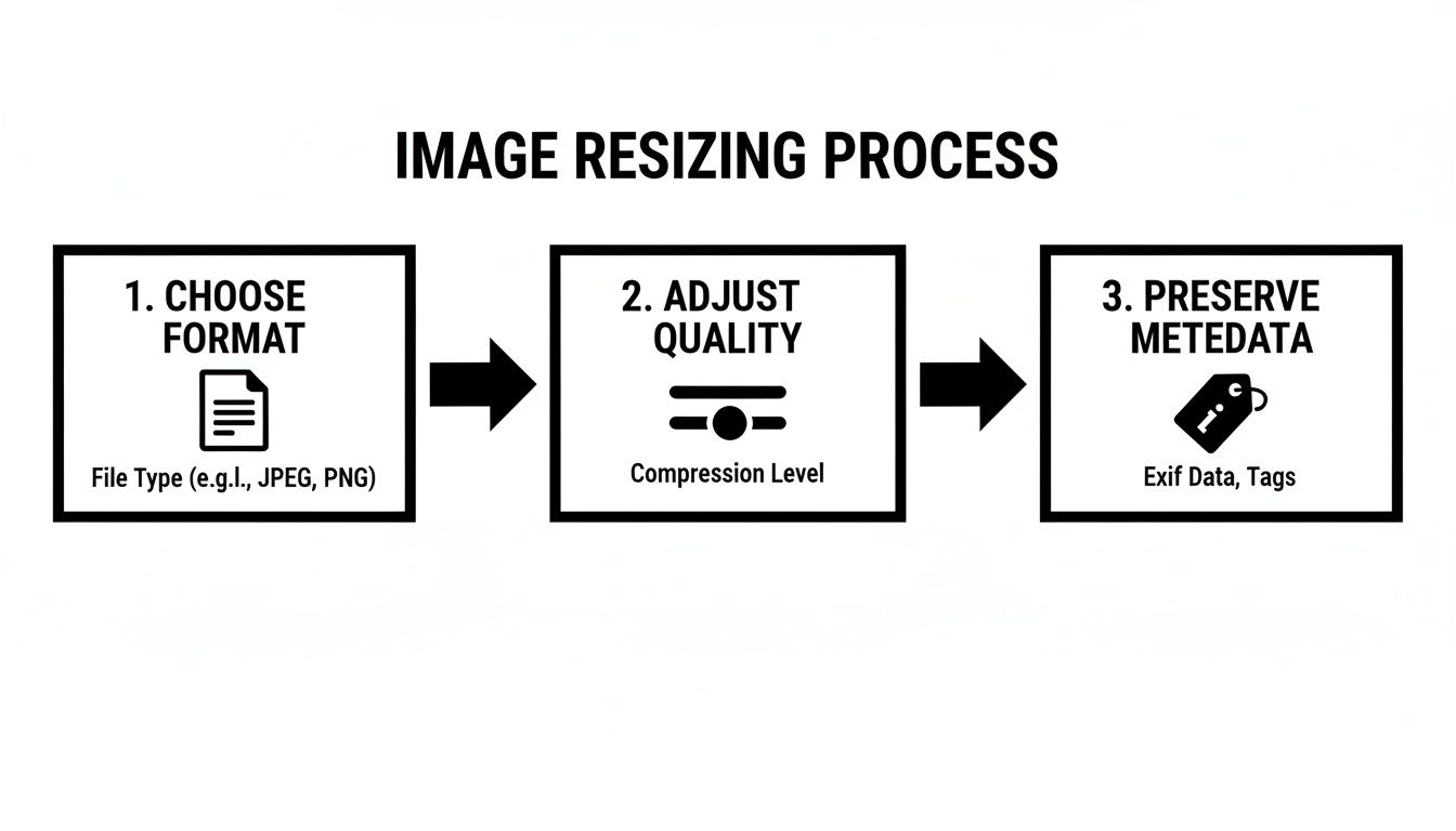 Flowchart illustrating the three-step image resizing process: choosing format, adjusting quality, and preserving metadata.