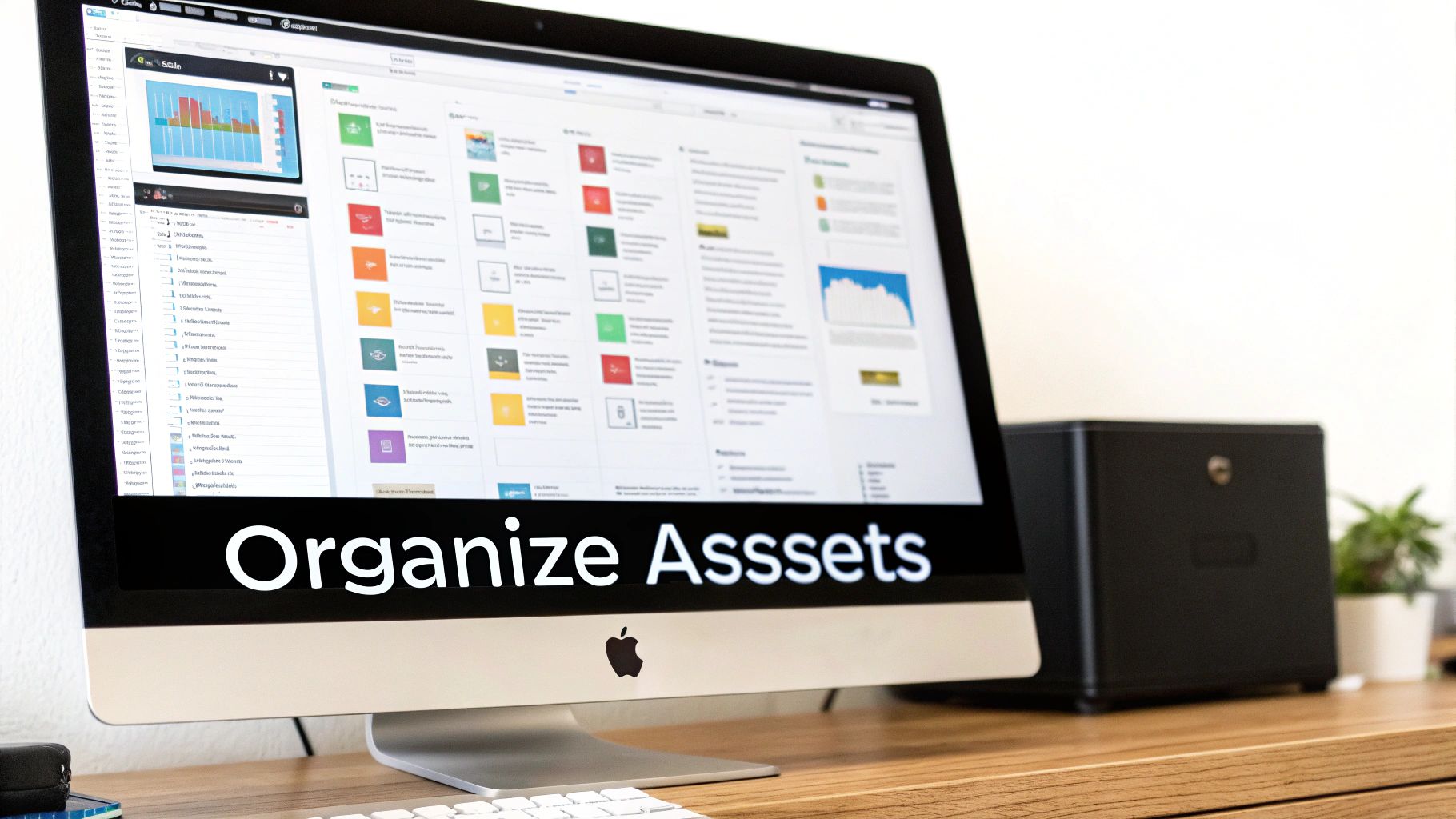 A close-up of an Apple iMac displaying a dashboard with charts, lists, and colorful icons, on a wooden desk.